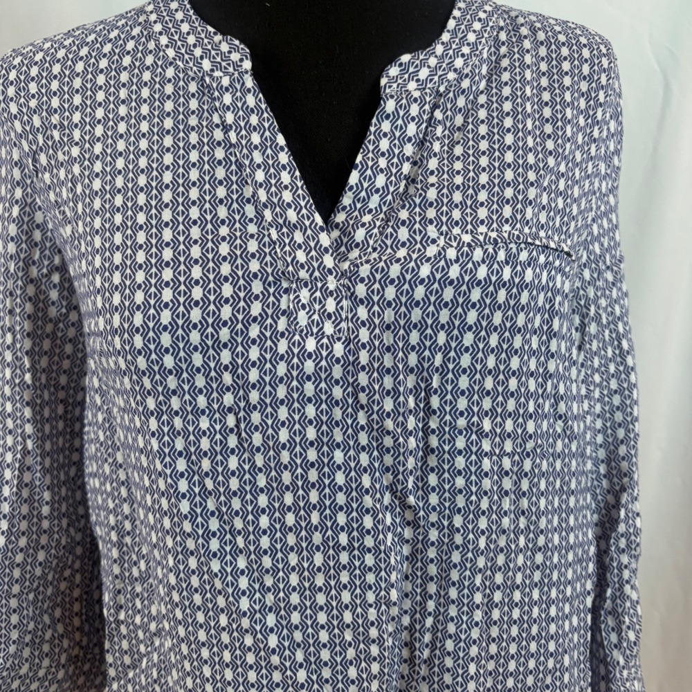 Rose &‎ Rhyme Blue White Geometric Diamond Print 3/4 Sleeve Rayon Blouse Medium